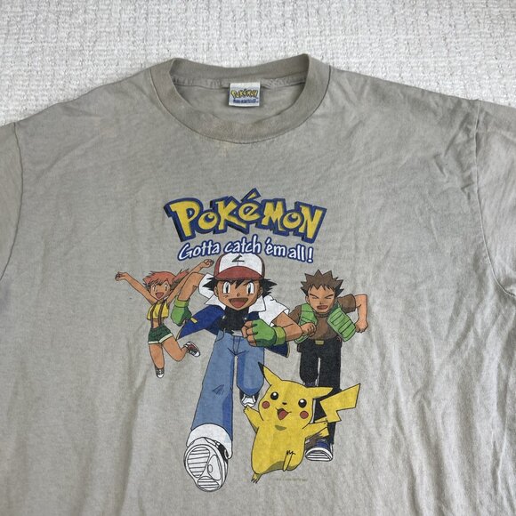 Rare Vintage 1999 Pokemon Tee T Shirt Sand / Off-white / Grey Ash Pikachu READ - Picture 2 of 16